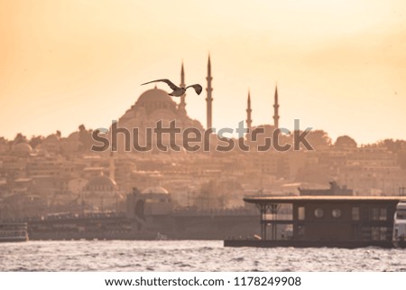 Galata Bridge and Suleymaniye Mosque in the Fatih district at Golden Horn River before sunset, Istanbul, Turkey. Travel concept and Sea front landscape of Istanbul historical part.