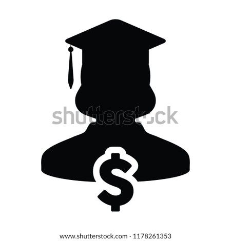 University loan icon vector female person profile avatar with dollar symbol and mortar board for education in flat color glyph pictogram illustration