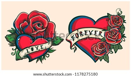 Old school hand drawn graphic illustration with hearts, roses and ribbons, tattoo style