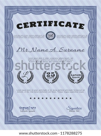 Blue Certificate diploma or award template. With background. Beauty design. Customizable, Easy to edit and change colors. 