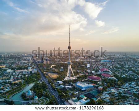 Tashkent TV Tower Aerial Shot During Sunset in Uzbekistan taken in 2018 Royalty-Free Stock Photo #1178296168