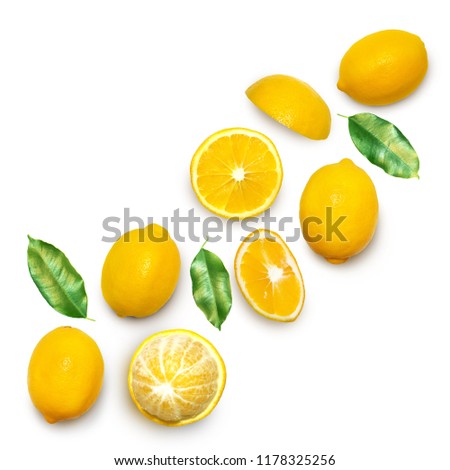 Fresh delicious lemon isolated on white background. Creative minimalistic food concept. Top view. Flat lay. Royalty-Free Stock Photo #1178325256