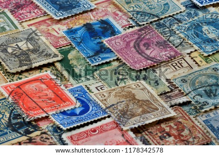 Philately is the field of collecting and studying the history of national postage stamps . The fee for sending items by mail. Royalty-Free Stock Photo #1178342578