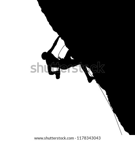 Black silhouette of a climber on a cliff isolated on a white background. Vector illustration