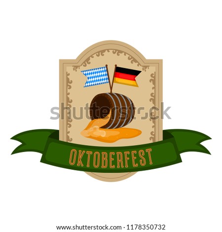 Oktoberfest label with a beer barrel and flags