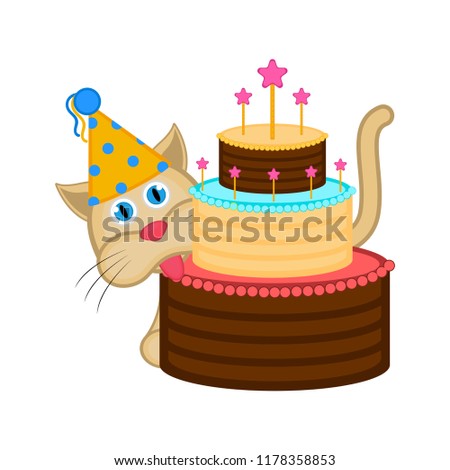 Cute cat with a party hat and a cake