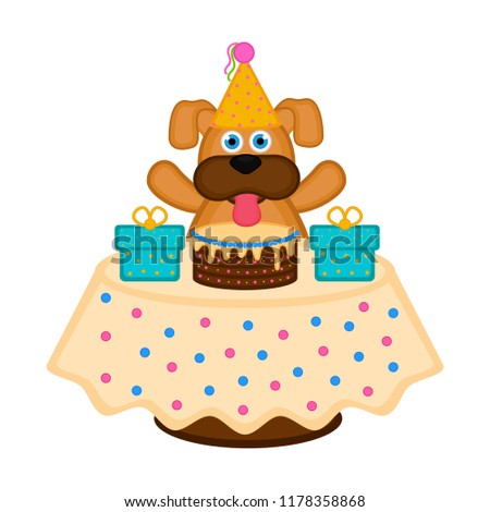 Cute dog with a party hat, a cake and presents