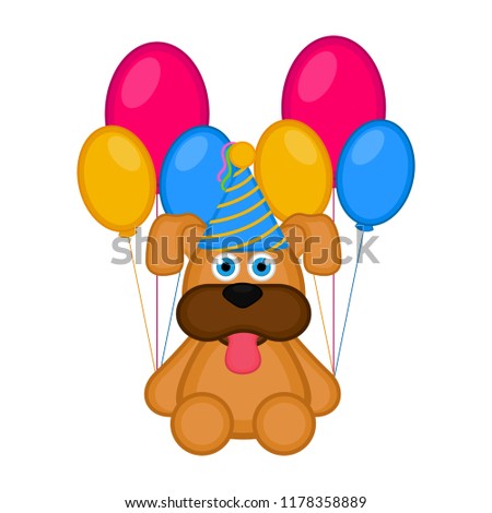 Cute dog with a party hat and balloons