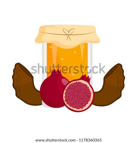 Honey jar with shofars and pomegranates. Rosh hashanah