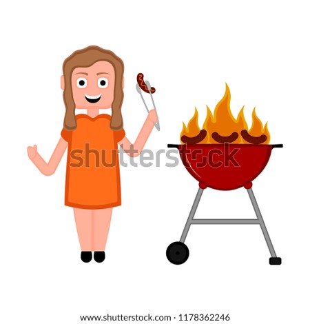 Girl eating a sausage. Barbecue image
