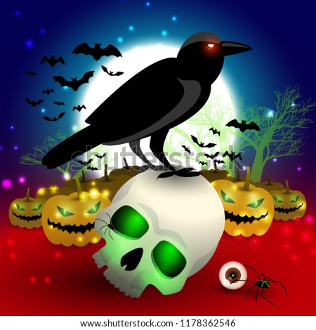 Halloween cartoon composition with symbols of holiday so as black crow skull flying bats laughing pumpkins flat vector illustration  