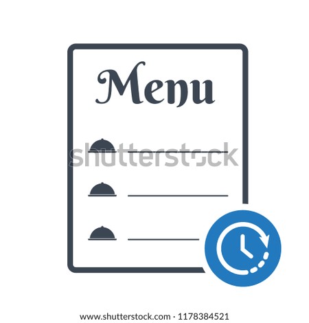 Restaurant food menu icon, cafe menu concept icon with time sign. Restaurant food menu icon and countdown, deadline, schedule, planning symbol
