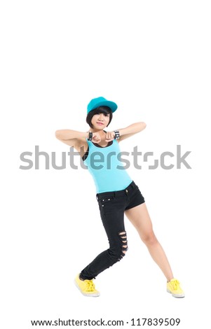 Full-length portrait of a break-dance girl isolated against white background