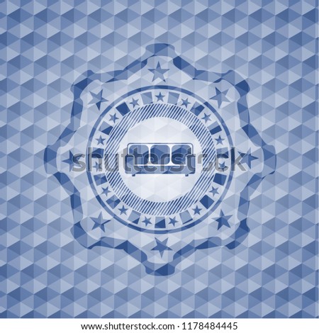 couch icon inside blue emblem with geometric background.