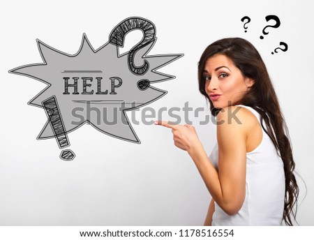 Happy smiling excited woman showing the finger on the speech bubble with help words inside, customer service support. Question and exclamation sign inside the cloud on background with empty copy space