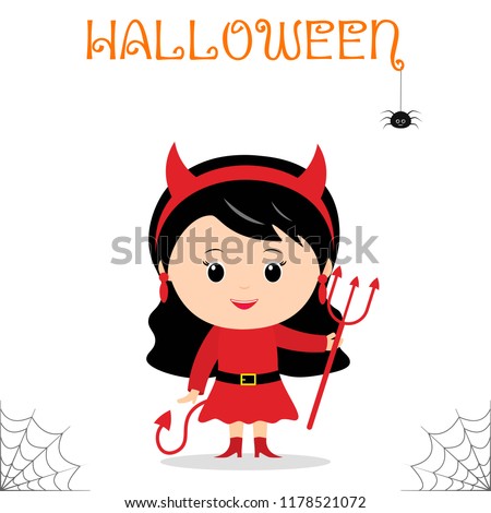 Cute child dressed in devil costume with a trident and tail celebrating at a Halloween party isolated on a white background. Flat style, cartoon, vector.