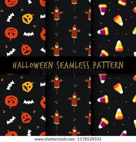 Set of minimalist seamless pattern print design. Repeatable endless background with pumpkin, scarecrow, corn candy