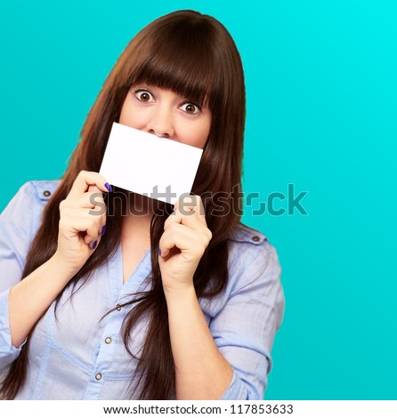 Woman Holding Blank Card Isolated On Blue Background