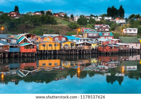 Traditional stilt houses know as palafitos in the city of Castro at Chiloe Island in Southern Chile