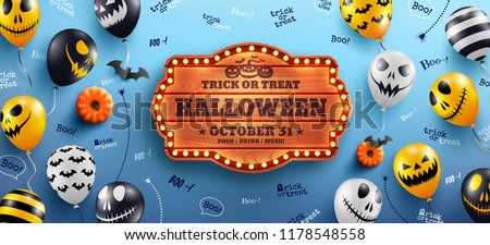 Happy Halloween Banner with Halloween text on vintage wooden board and Halloween Ghost Balloons on blue background.Scary air balloons.Website spooky or banner  template.Vector illustration EPS10