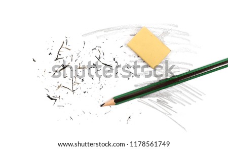 Wooden pencil and eraser with shavings isolated on white background, top view