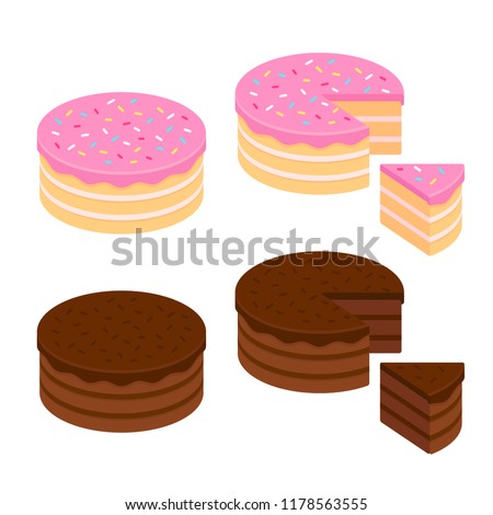 Birthday cake and chocolate cake isometric set, whole and cut slice. Isolated vector illustration. Royalty-Free Stock Photo #1178563555