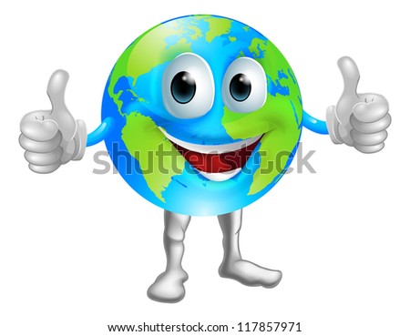 A world or globe mascot character with a broad grin giving a thumbs up