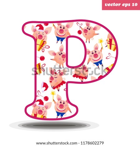 P letter of english alphabets with pig pattern filling. Perfect for print, poster, educational cards, children preschool books. Vector isolated illustration.