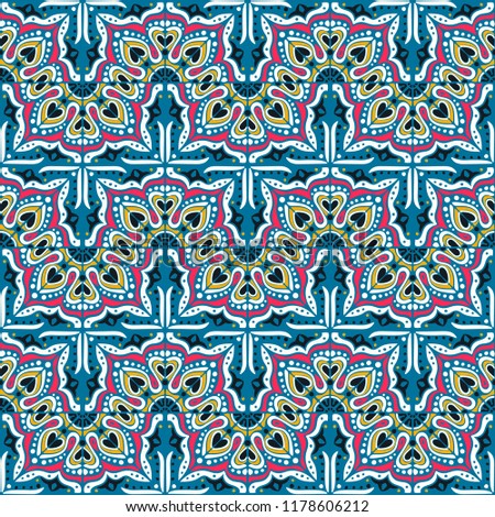 Talavera pattern.  Indian patchwork. Azulejos portugal. Turkish ornament. Moroccan tile mosaic. Ceramic tableware, folk print. Spanish pottery. Ethnic background. Mediterranean seamless  wallpaper.
