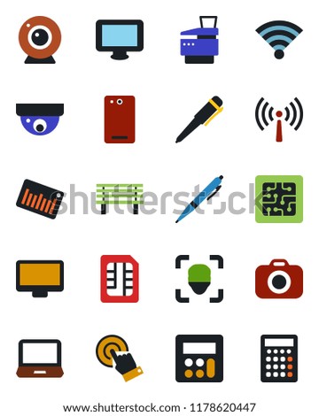 Color and black flat icon set - antenna vector, pen, bench, barcode, camera, touch screen, monitor, laptop pc, phone back, calculator, sim, wireless, face id, copier, chip, web, surveillance