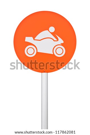orange motorbike sign on post pole (isolated on white background)