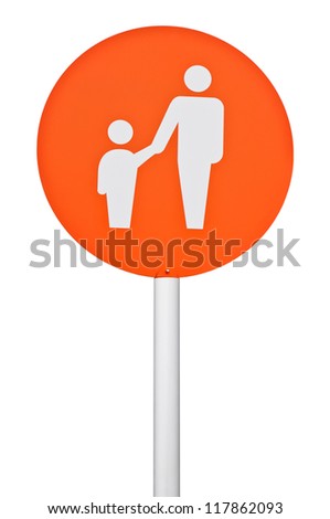 orange parent and child parking sign on post pole (isolated on white background)