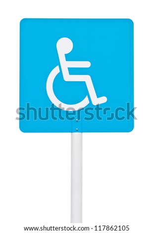 blue square handicap sign with wheelchair on post pole (isolated on white background)