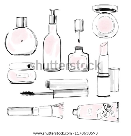 Makeup cosmetics products background set. Hand drawn fashion illustration in black and white ink with pink watercolor sketch style.