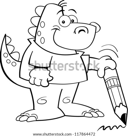 Black and white illustration of a dinosaur holding a pencil.