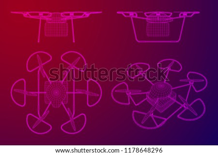 Remote control air drone. Dron flying with cargo box. Wireframe low poly mesh vector illustration
