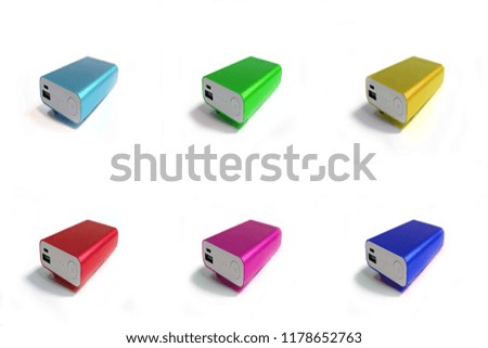 Colorful portable batteries isolated on white background