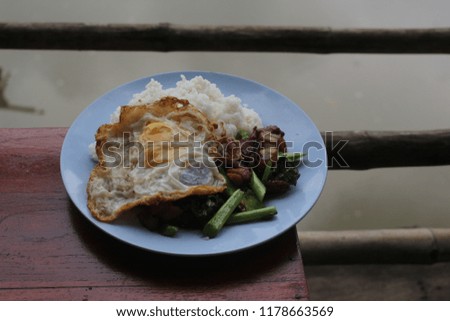 Rice with kale Crispy pork and egg in a blue plate placed on a brown wooden table.