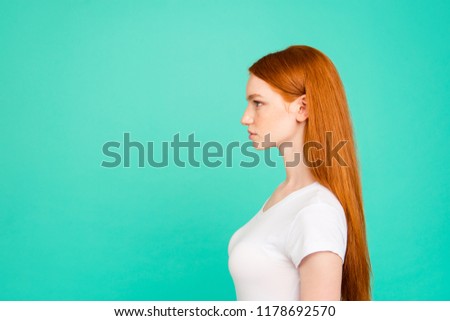Profile side view photo of attractive, calm lady in white street style wear look look in front of she isolated on shine mint background with copy space for text