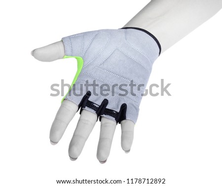 A hand with bicycle glove showing open hand on white background.
