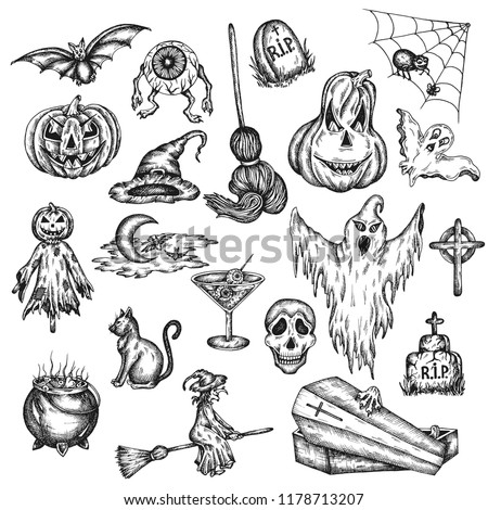 Halloween holiday cartoon horror set. Design of scary halloween ghost, witch, pumpkin, spooky witch