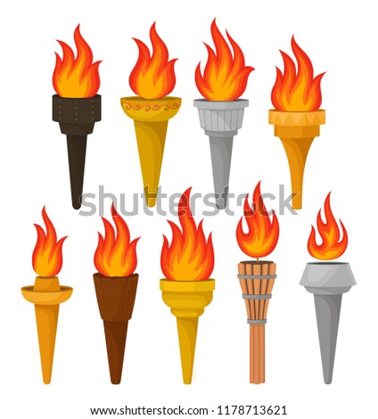 Set of different torches with brightly burning fire. Hot red-orange flame. Flat vector for mobile game or advertising poster