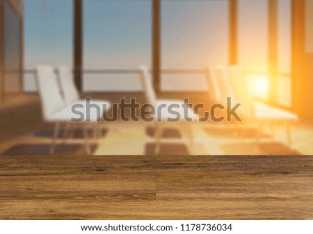Background with empty wooden table. Flooring. Modern office Cabinet.