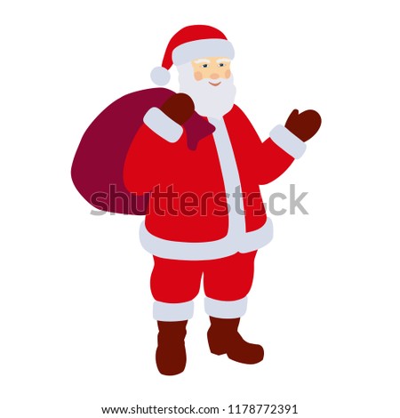 Flat style vector illustration of Santa Claus with sack of gifts. Santa Claus  color icon isolated on white background. Cute cartoon character. Christmas and New Year design element.