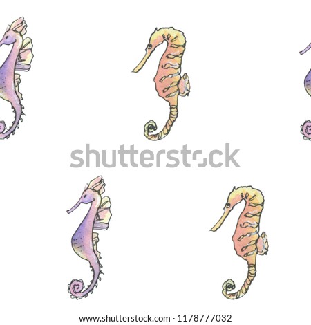 Watercolor hand drawn pattern with seahorse on white background