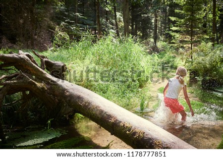 Child cute blond girl playing in the creek. Girl walking in forest stream and exploring nature. Summer children fun. Children summer adventure
