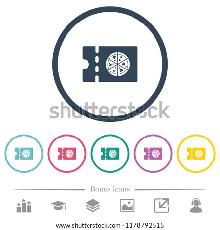 Pizzeria discount coupon flat color icons in round outlines. 6 bonus icons included.