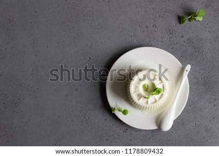 Italian ricotta or fresh farm cheese on white plate with corn salad on grey concrete background. Copy space for text.