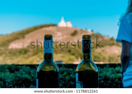 Picture of two wine bottles and the chapel on the holy hill of Mikulov on the background.
