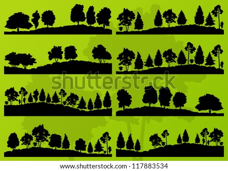 Forest trees silhouettes landscape illustration collection background vector